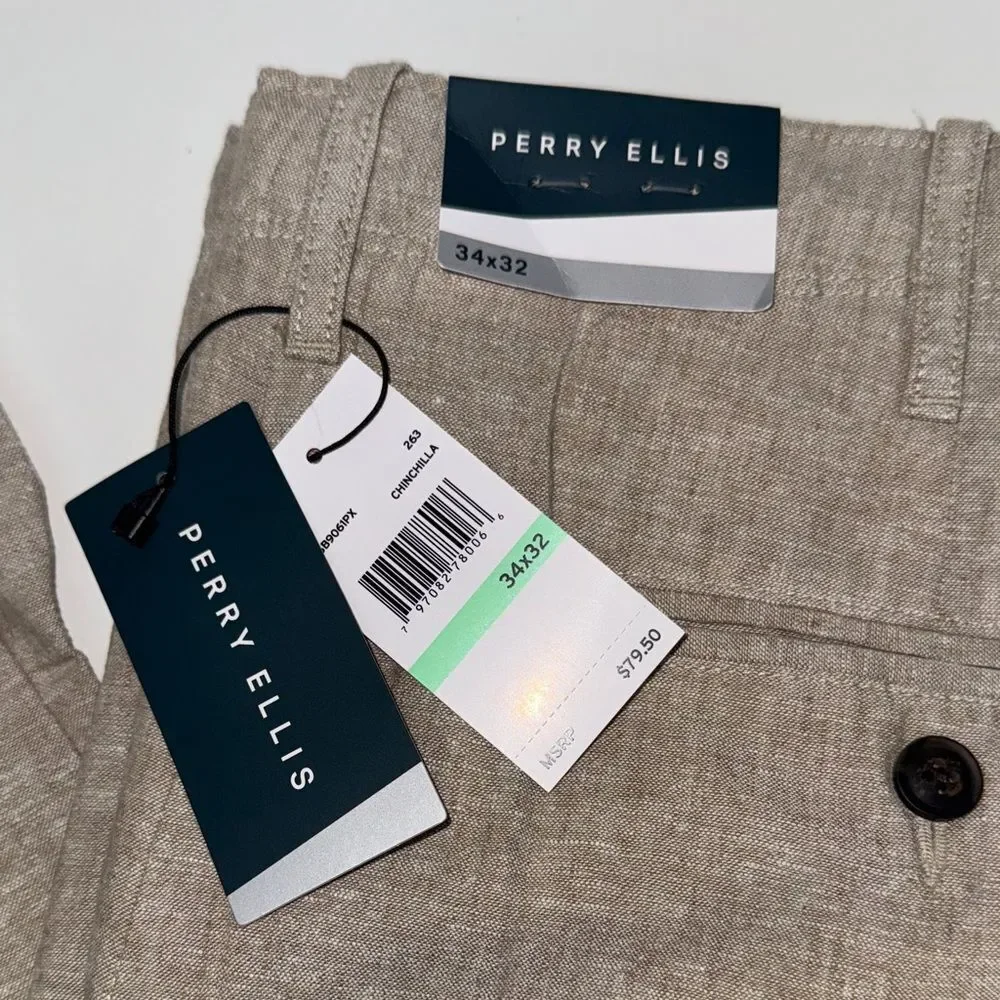 🔥Perry Ellis Light Tan Chinos Sz 34X32 New LINEN BLEND DRAWSTRING PANT